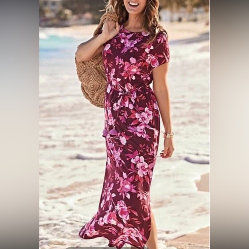 J.Jill Floral Maxi Short Sleeve Shirt Dress with Tie